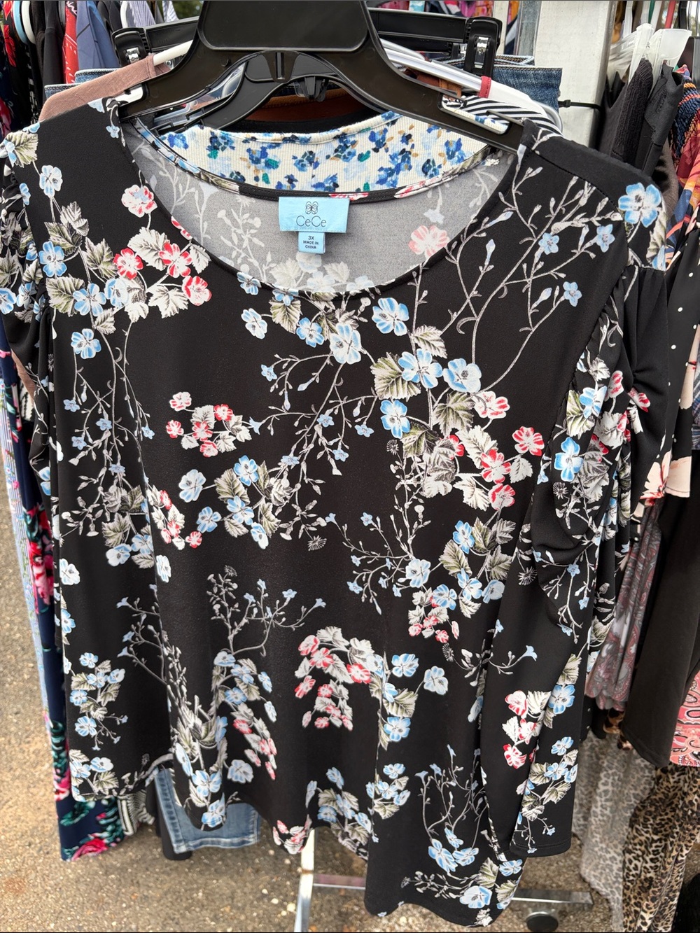 CeCe Black Floral Long-Sleeve Top with Blue, Pink, Cream Accents